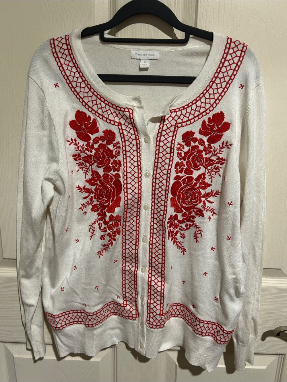 Charter Club White Cardigan with Red Floral Embroidery